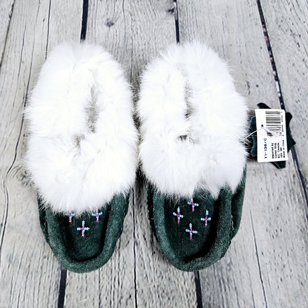 DETAILS | suede leather fur trimmed beaded moccasin slippers